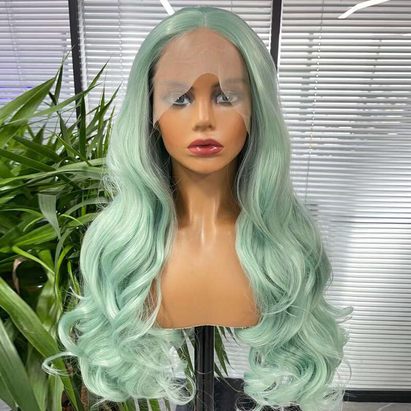 Synthetic Lace Front Wigs For Women Long Wavy Blue-Green Color Fashion Natural Hair High Temperature Fiber Daily/Cosplay