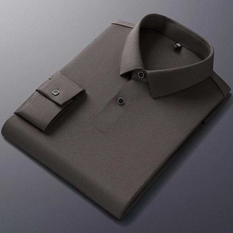 Man Polo Shirt Long Sleeve Quality Turn-Down Collar Traceless High-Elastic Top 2024 New Fashion Casual Slim Fit Men ClothingXJ240906