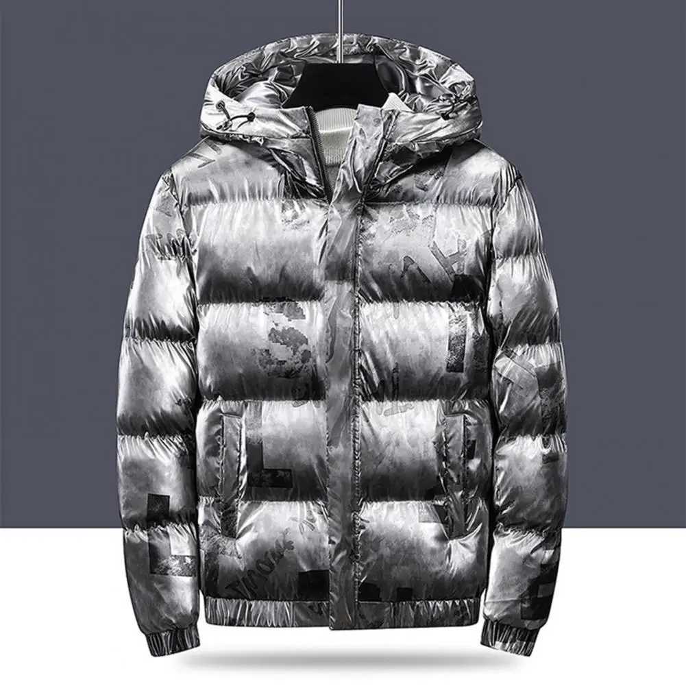 Men Jacket Shiny Cotton-padded Mens Graffiti Mens Bread Clothes Fashion Hooded Windproof Winter Cotton Padded Windbreaker M240906