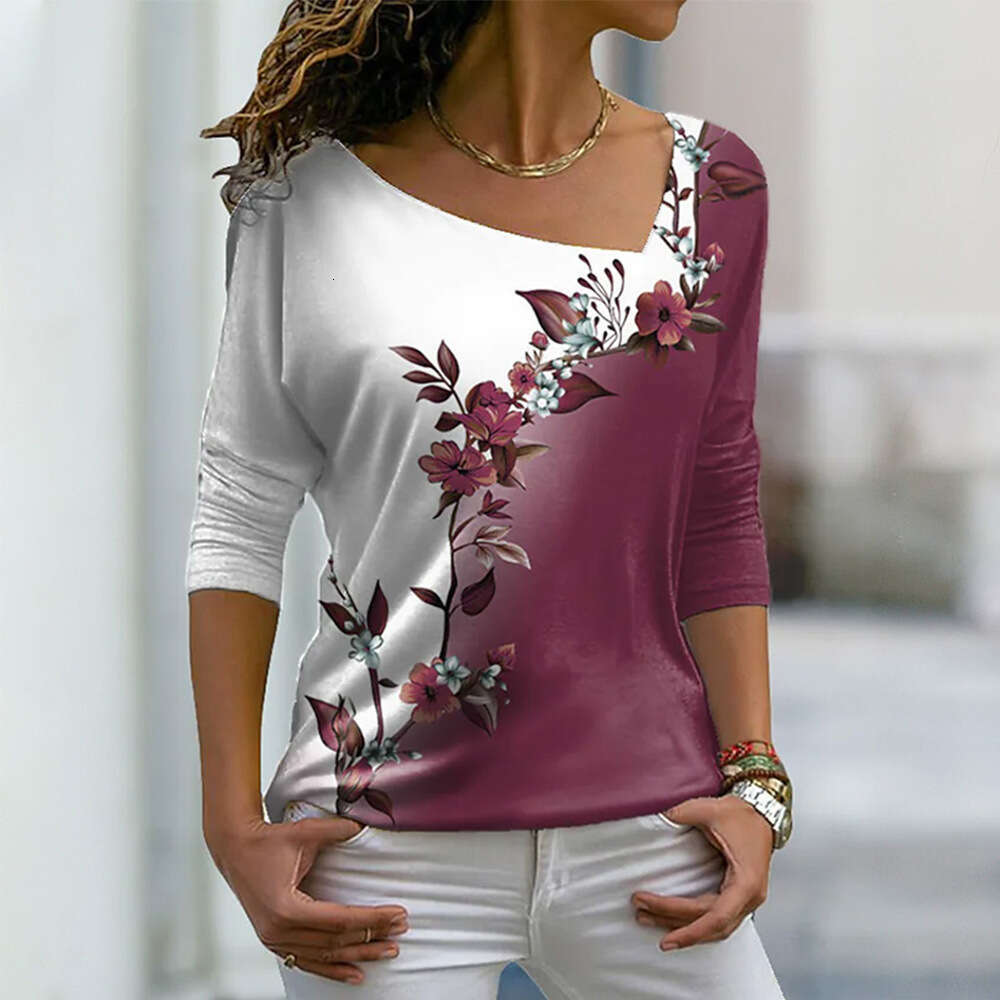 New womens V-neck flower T-shirt spring long sleeved top OZ070 Vogue Female Casual Shirt: Stylish Flowers Adorning a Soft & Flowy Cotton Blend Fabric