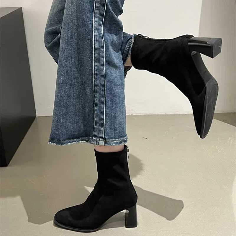 Womens elastic ankle boots are fashionable elegant modern ultra-thin short boots autumn and winter lace back zipper shoes CL240906