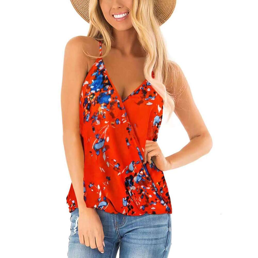 2024 Summer New Women's Small Vest V-neck Printed Folded Sleeveless Top for Women