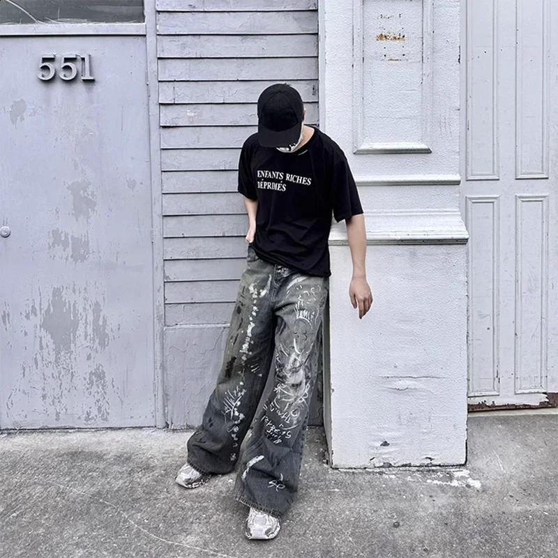 Graffiti handpainted damaged mens and womens laundry bag jeans straight street clothing Y2k denim Trousers Pantalones Hombre Cargos 240905