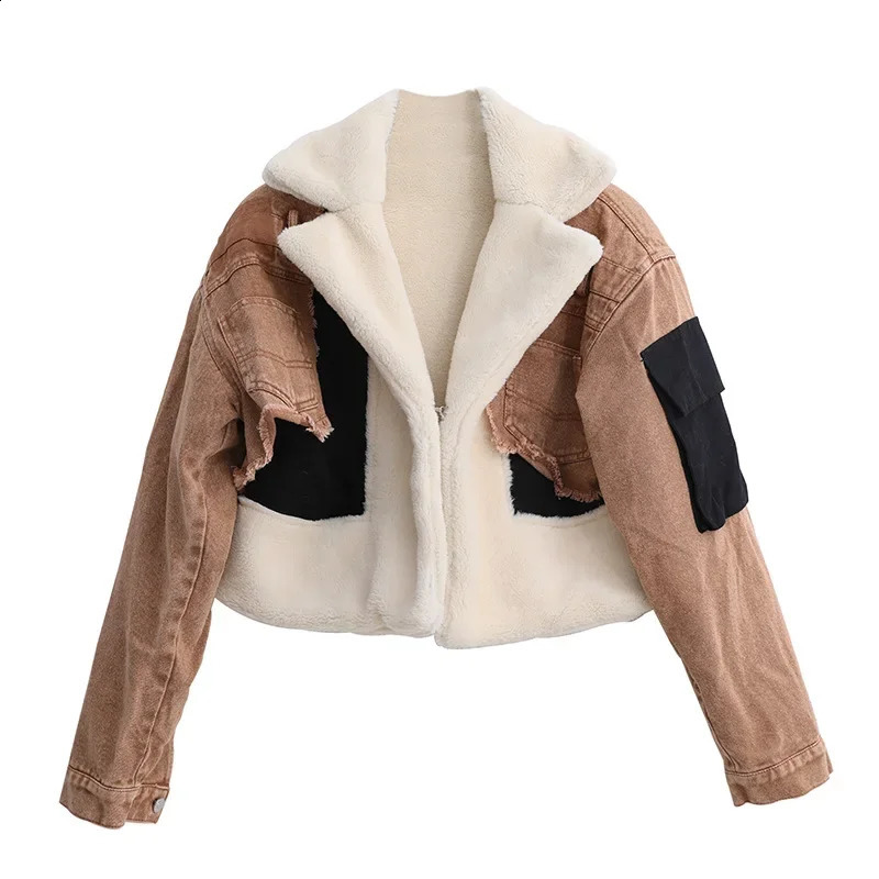Fashion wool lined denim spliced work jacket thickened cashmere lining womens winter style motorcycle cotton 240905