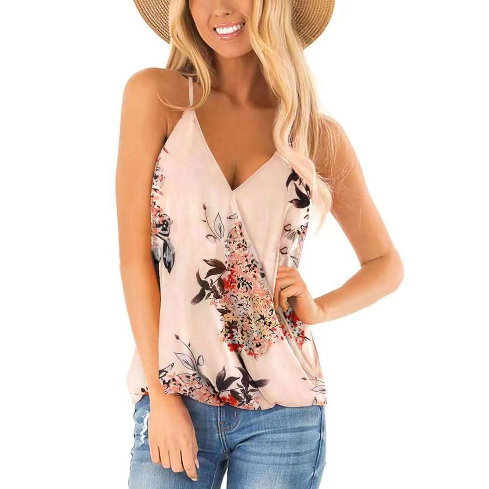 2024 Summer New Women's Small Vest V-neck Printed Folded Sleeveless Top for Women