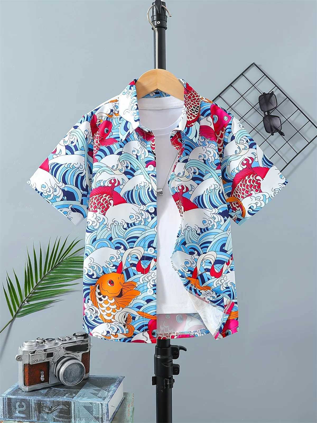Childrens Shirt Boy Trendy Pattern Casual Boys Shirt Childrens Blouses Short Sleeve Tshirt Girl Turn-Down Outerwear Top Shirt Y240906