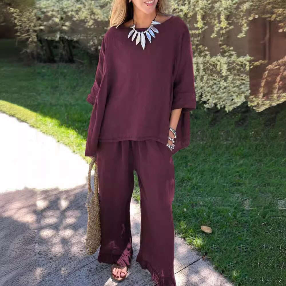 2024 Summer New Cotton and Hemp Women's Fashion Solid Color Loose Casual Pants Two Piece Set