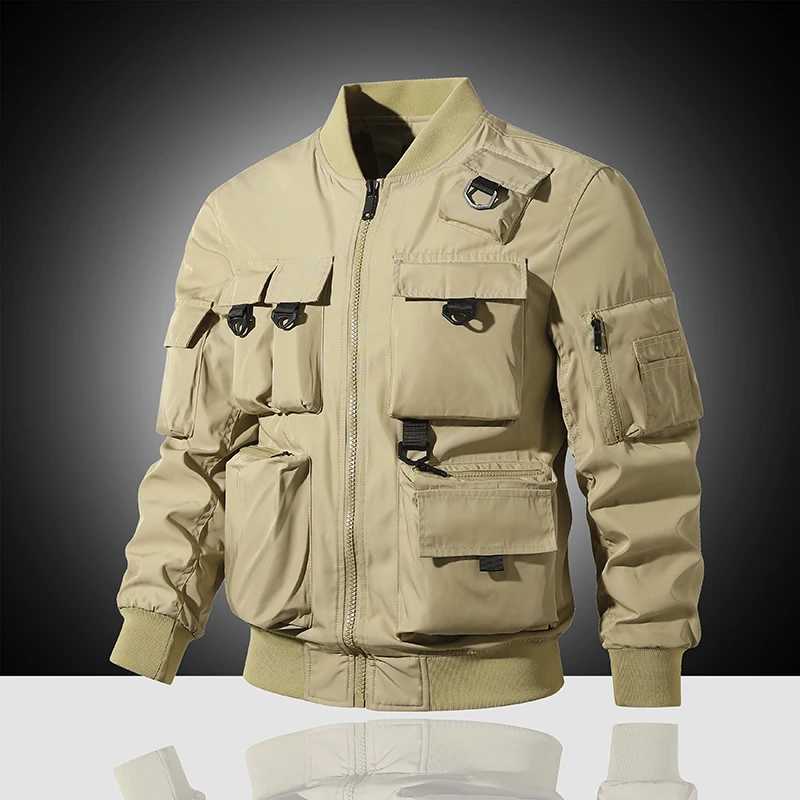 Mens jacket Spring and Autumn loose casual top Functional multi pocket work jacket Flying jacket Motorcycle tactical jacket Y240906