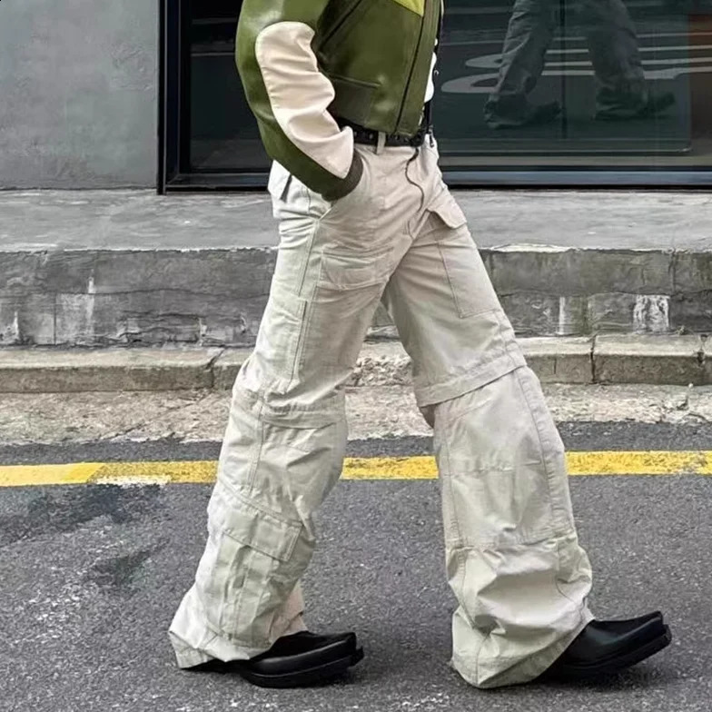 Y2k High Street Flared Cargo Multi Pocket Detachable Workwear Pants for Men and Women Solid Ropa Hombre Overalls Oversized 240904