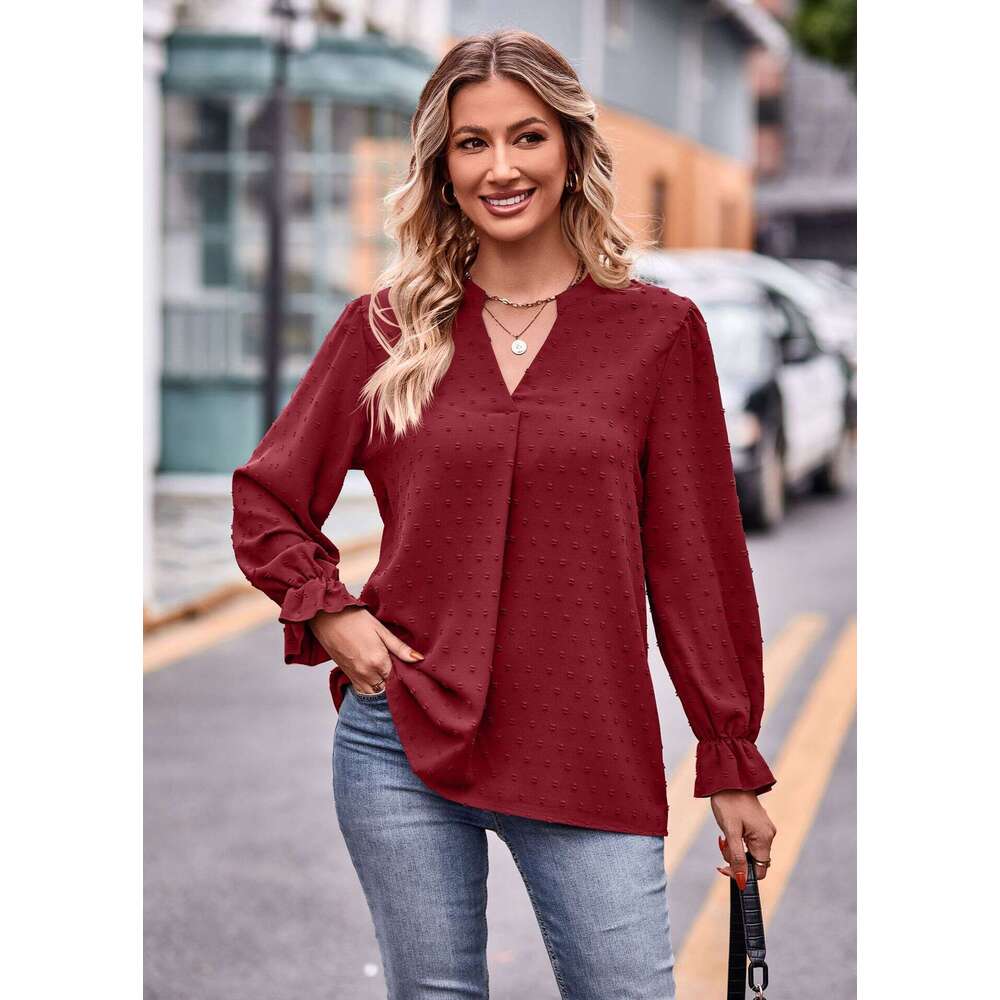 2024 Autumn New Womens Jacquard T-shirt V-neck Loose Long Umbrella Sleeve Top