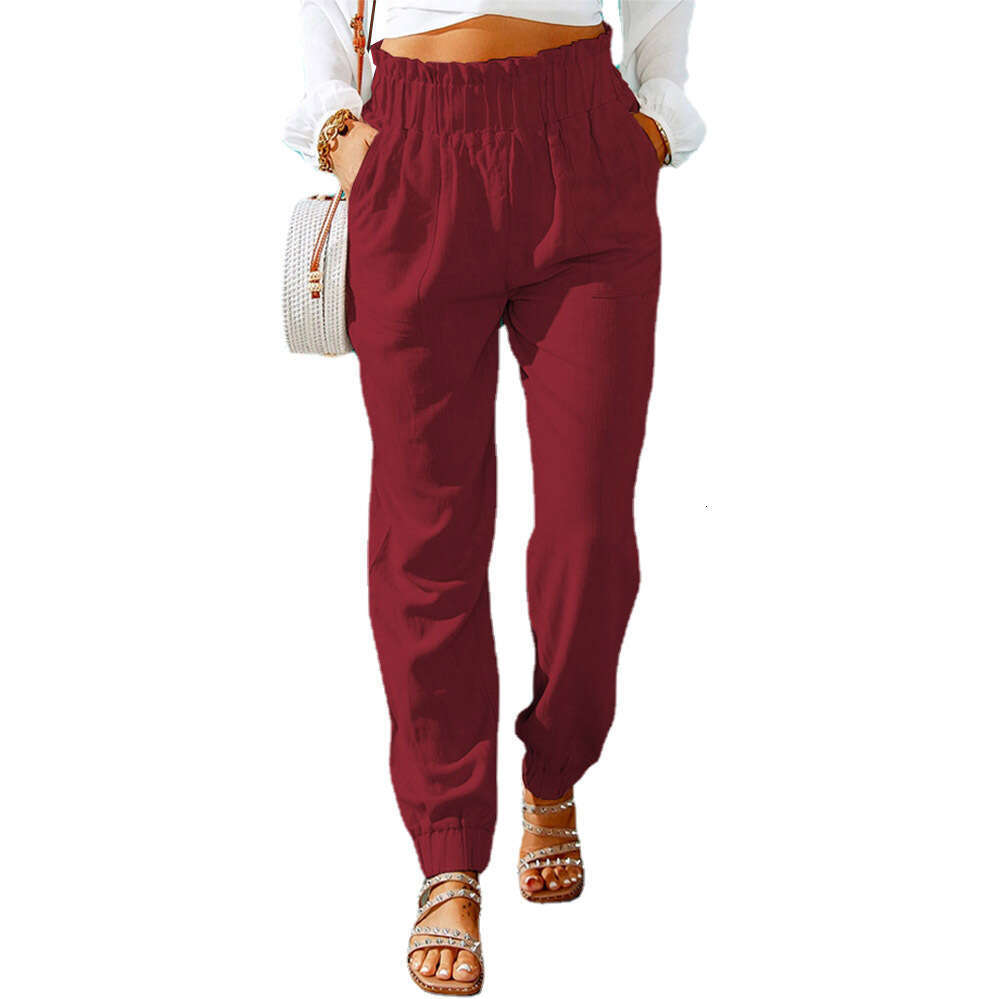 2024 Women's Spring New Ruffle Edge Elastic Belt High Waist Pants