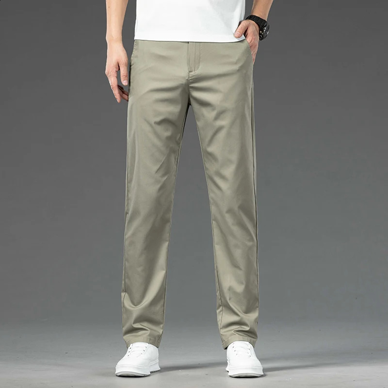 Spring and summer mens casual pants thin mulberry silk soft business slim fit straight elastic set 240905