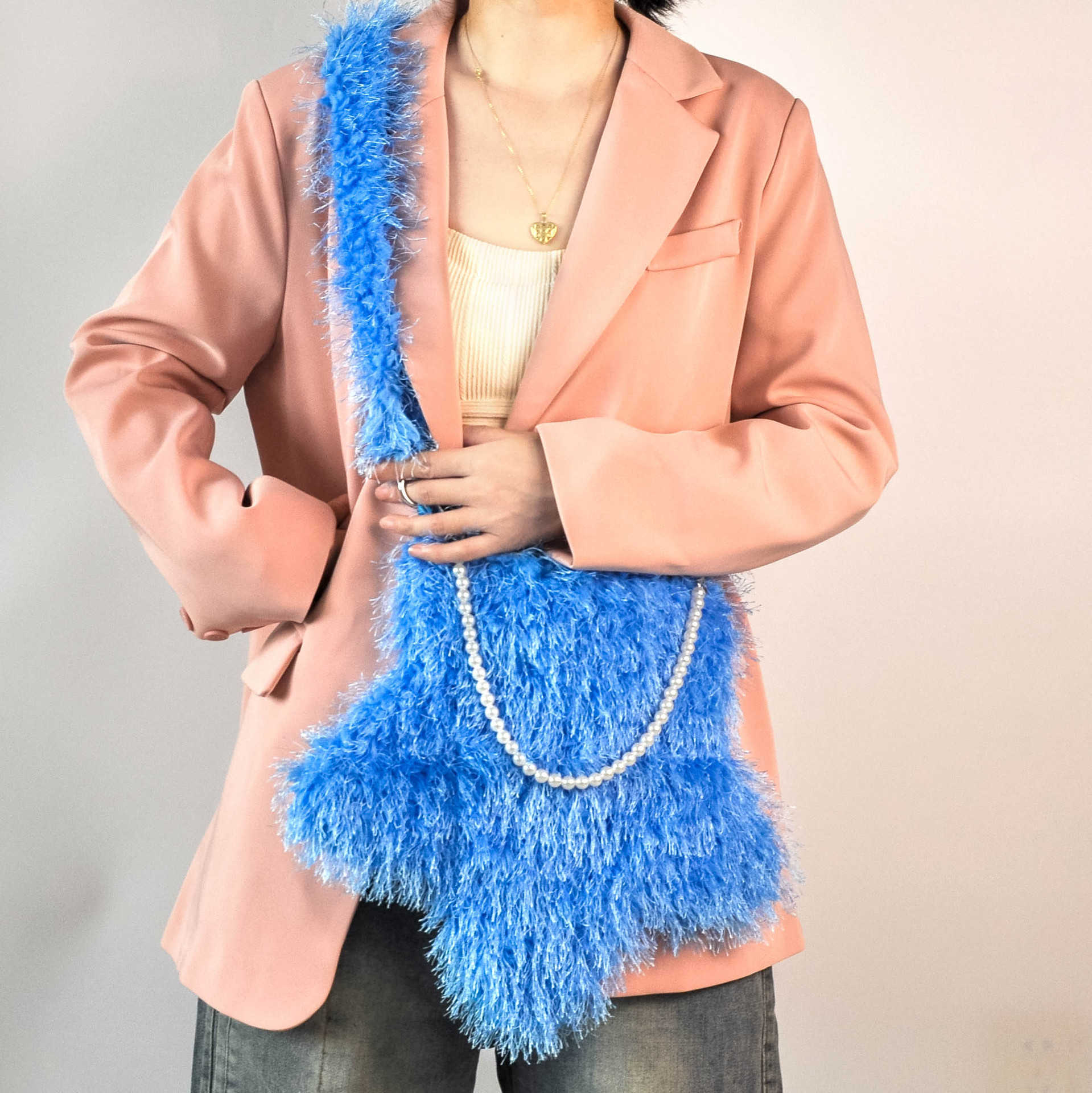 autumn winter plush bag, women's tassel, kapok flower, cute pentagonal star, pearl chain, crossbody bag, shoulder bag 240915