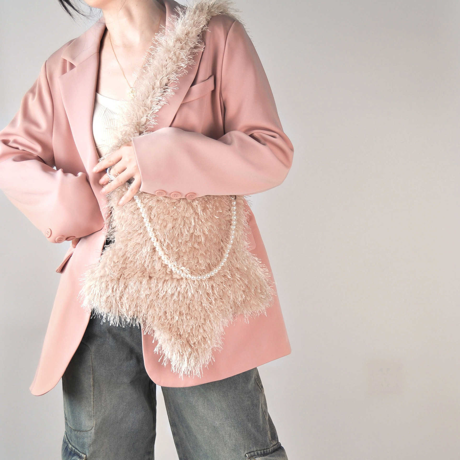 autumn winter plush bag, women's tassel, kapok flower, cute pentagonal star, pearl chain, crossbody bag, shoulder bag 240915