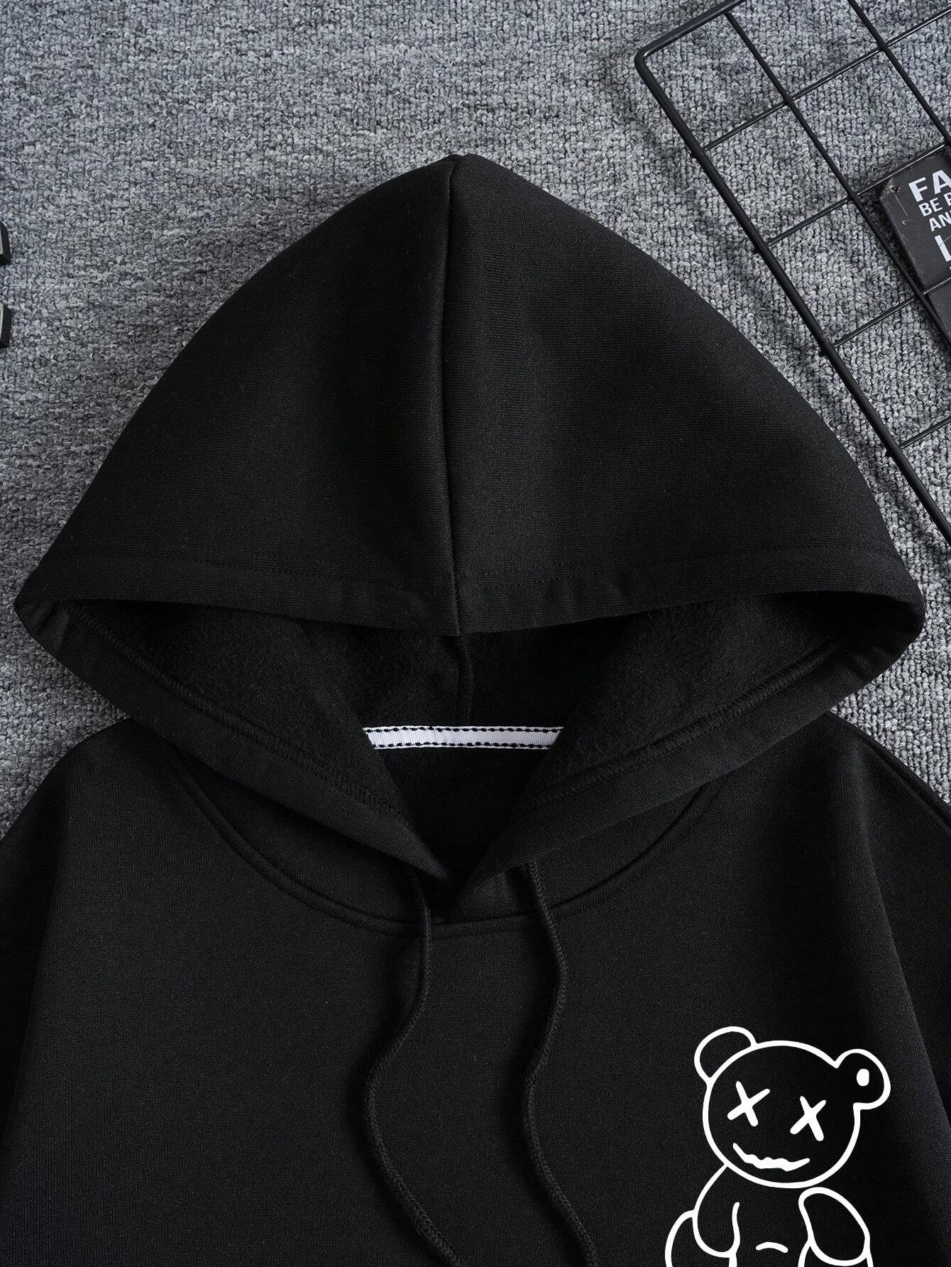 Men Bear Print Drawstring Thermal Lined Hoodie