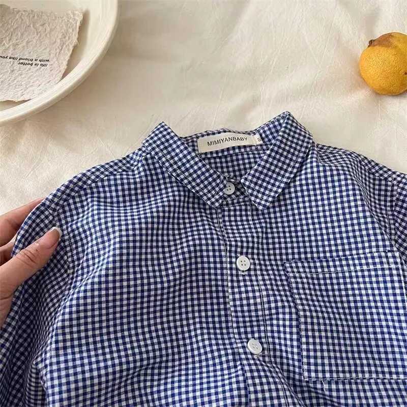 Childrens Shirt 2024 Autumn New Boys and Girls Fine Pocket Shirt Baby Simple Blue Check Shirt 90-140cm Y240906
