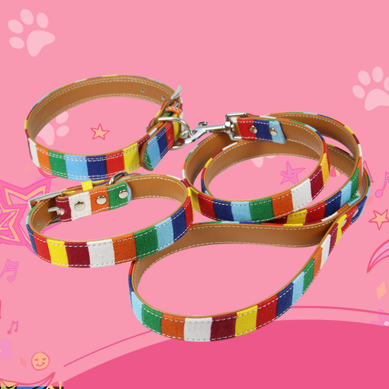 halloween Carefully selected rainbow stripe pet dog collar canvas PU alloy buckle head matching traction rope pet collar