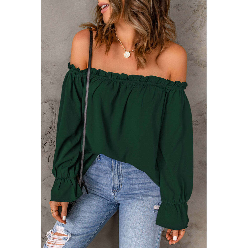 One line neck chiffon shirt Spring and Autumn new solid color pullover sexy off shoulder top for women