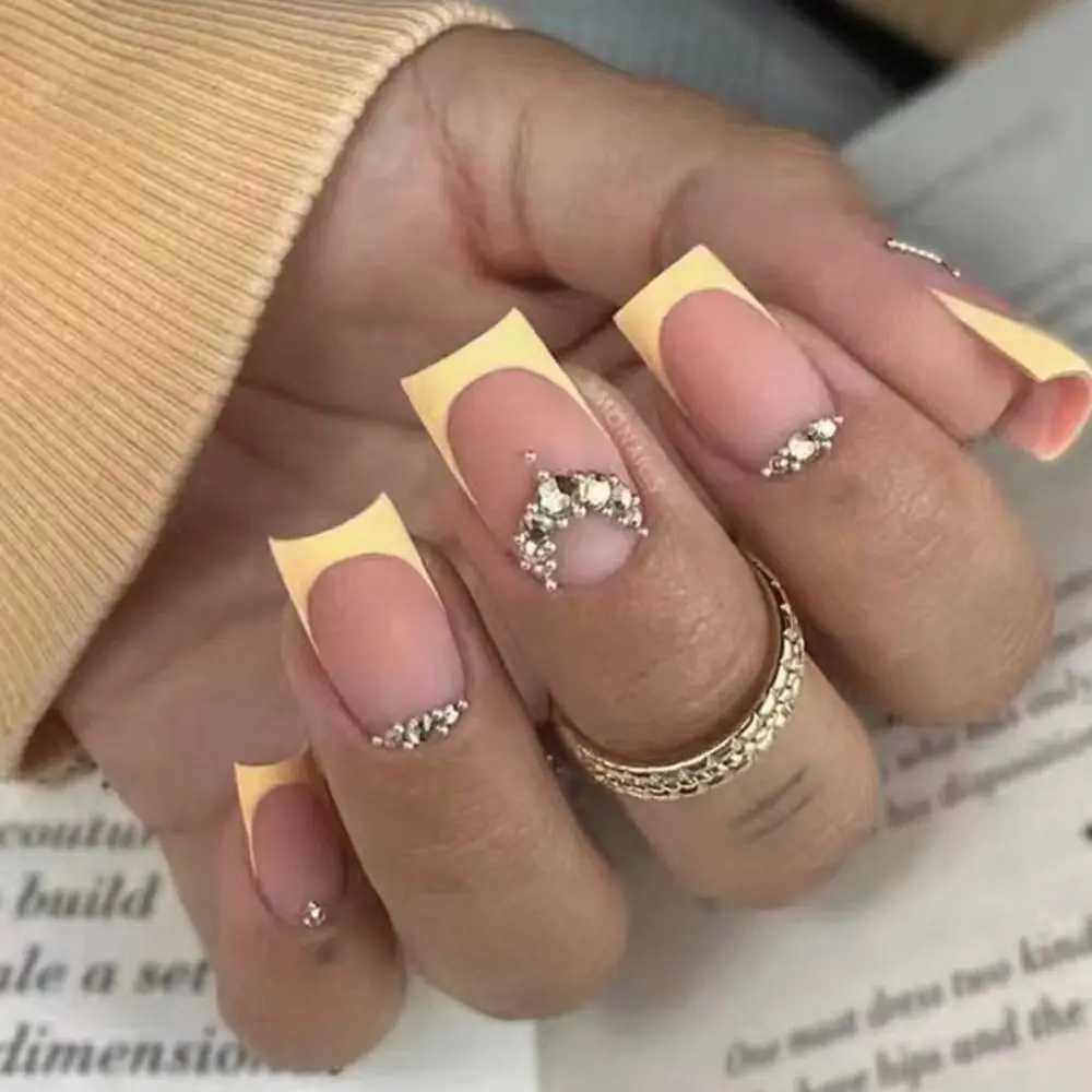 Rectangular False Nail French Green Yellow Edge False Neil Full Cover Detachable Pressing Female Nail W240905