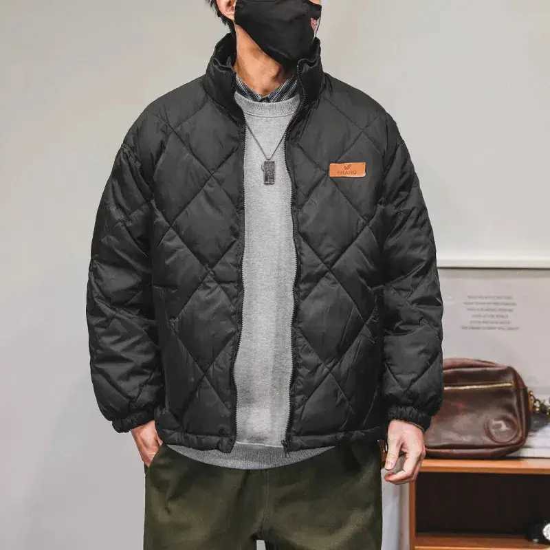 Winter Retro Rhombus Cotton Padded Coats Mens Casual Loose Lightweight Warm Bread Padded Jacket Unisex Standing Collar Parkas M240906