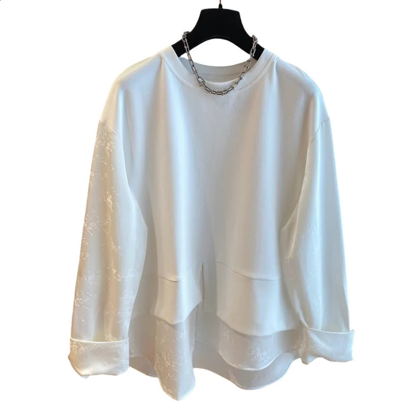 Autumn round neck Tshirt womens n sense niche long sleeved top unique splicing twopiece 240902