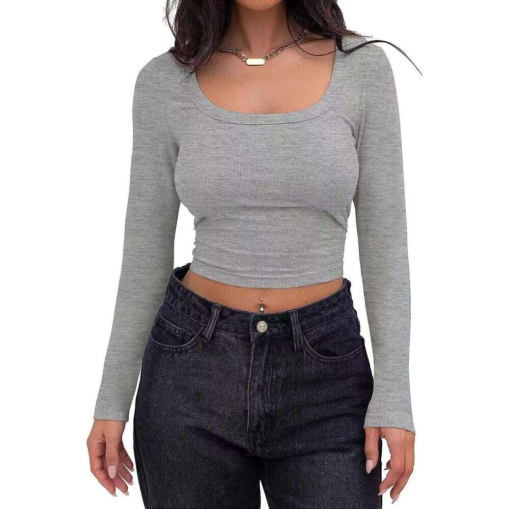 2024 New Thread Pit Strip Slim Fit Short Long sleeved Square Neck T-shirt for Women