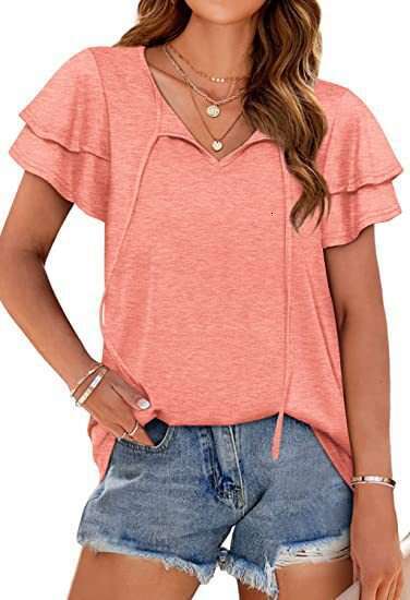 2024 TEMU Spring/Summer New V-neck Double Sleeve Lace up Casual T-shirt Women's Wear