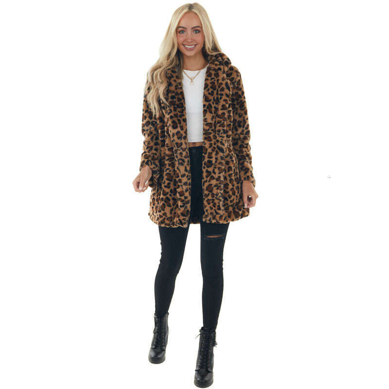 2024 autumn and winter rabbit leopard print medium long women's clothing fashionable temperament jacket with pockets, loose fur plush for women