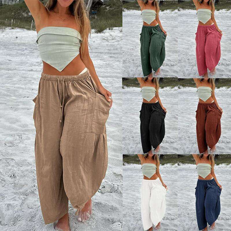 2024 TEMU Women's Elastic Pleated High Waist Wide Leg Loose Casual Cotton Hemp Pants