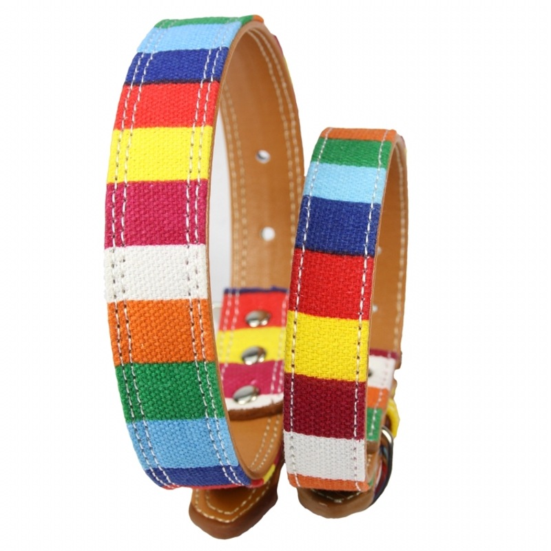 halloween Carefully selected rainbow stripe pet dog collar canvas PU alloy buckle head matching traction rope pet collar