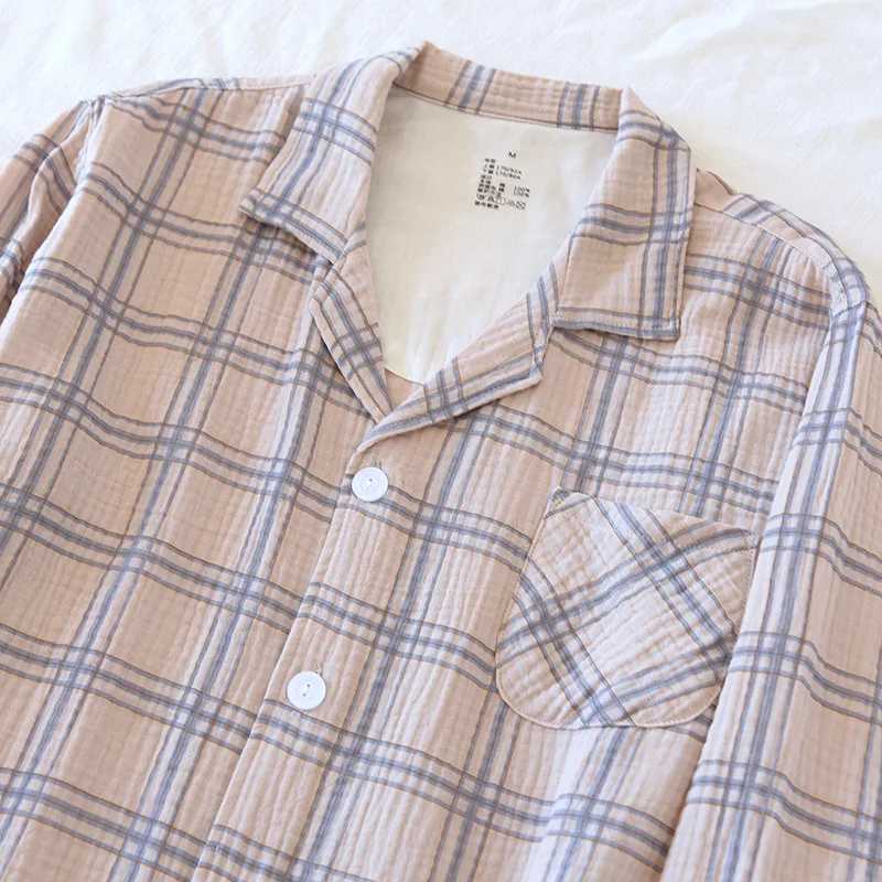 Japanese new spring and autumn mens 100% cotton crepe plaid pajamas long-sleeved trousers two-piece large size home service set Y240906