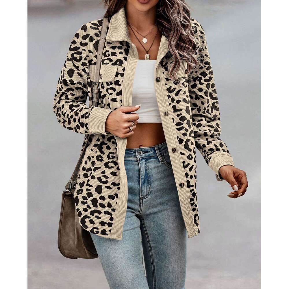 Women's autumn and winter fashion leopard print button up long sleeved jacket for women