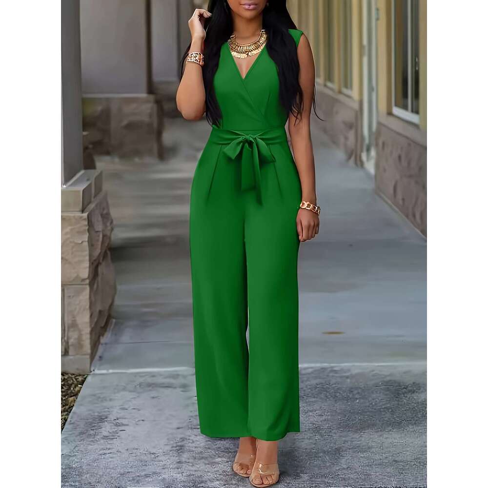 2024 Spring/Summer Women's New V-neck Wide Leg Sleeveless waist belt jumpsuit Female 0