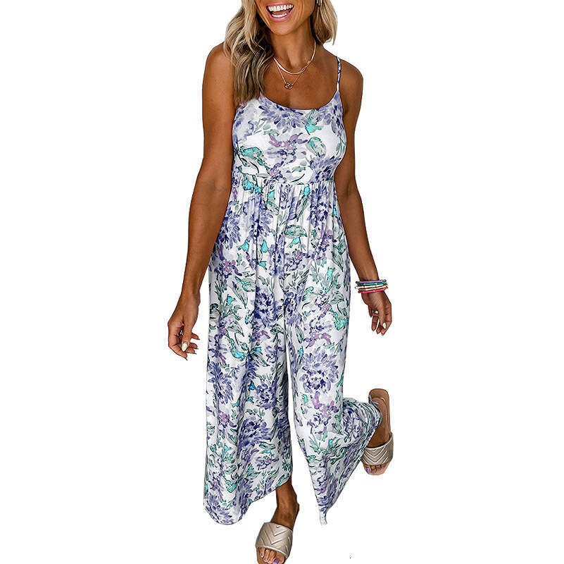 2023 TEMU Summer High Waist Wide Leg Flower Strap Open Back Jumpsuit Female