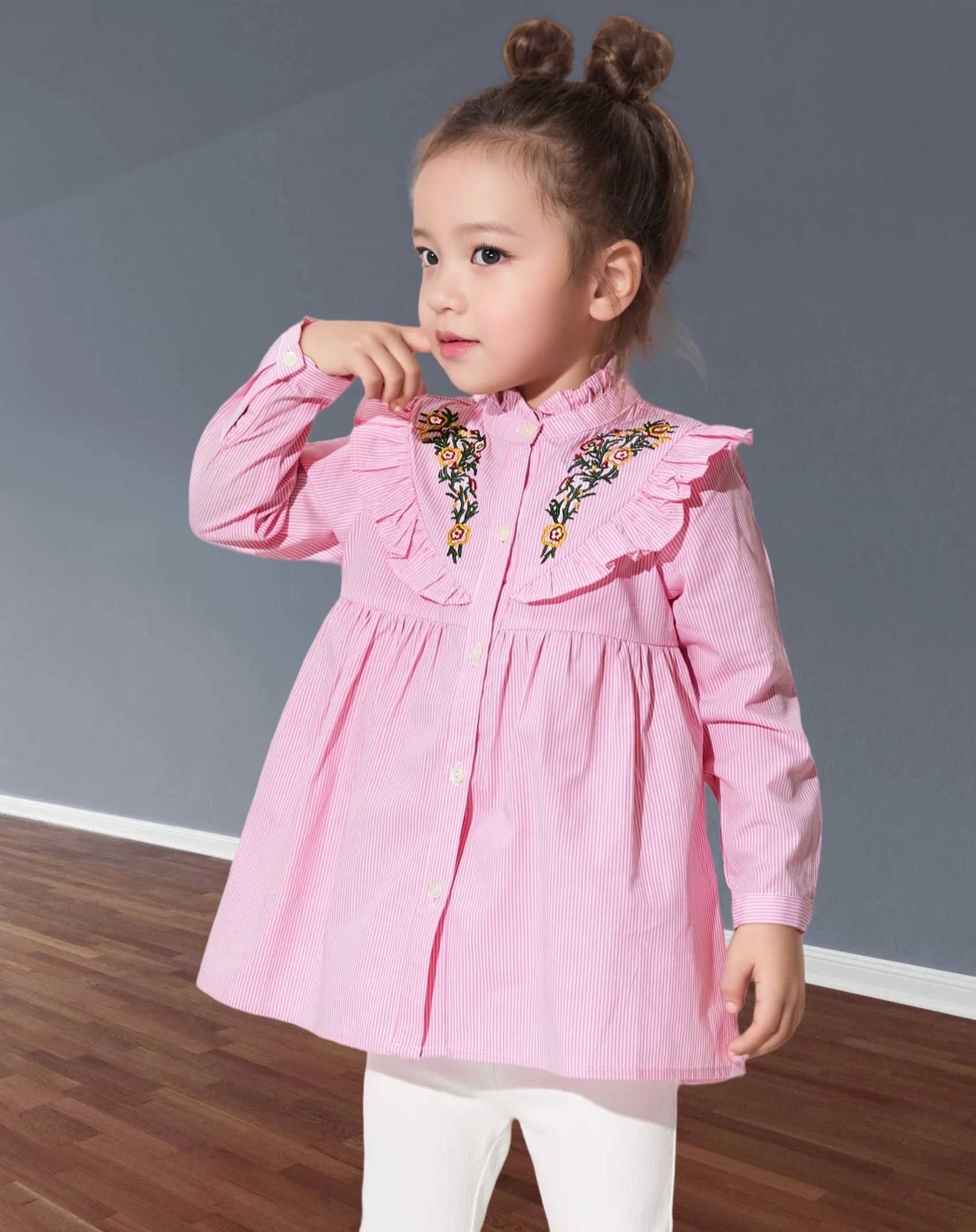 Spring and autumn sweet and lovely girl lace stand collar striped body flower shirt doll shirt long sleeve pink shirt novel top Y240906