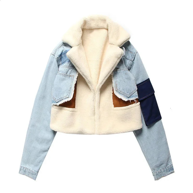 Fashion wool lined denim spliced work jacket thickened cashmere lining womens winter style motorcycle cotton 240905