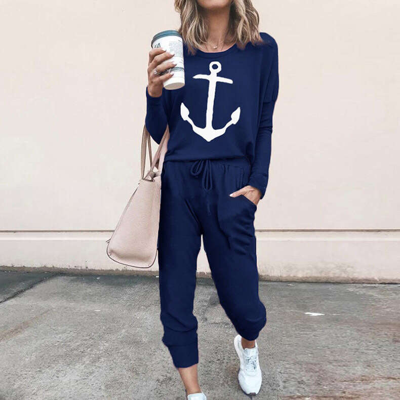 2024 New Women's Loose Anchor Printed Long Sleeve Casual Set