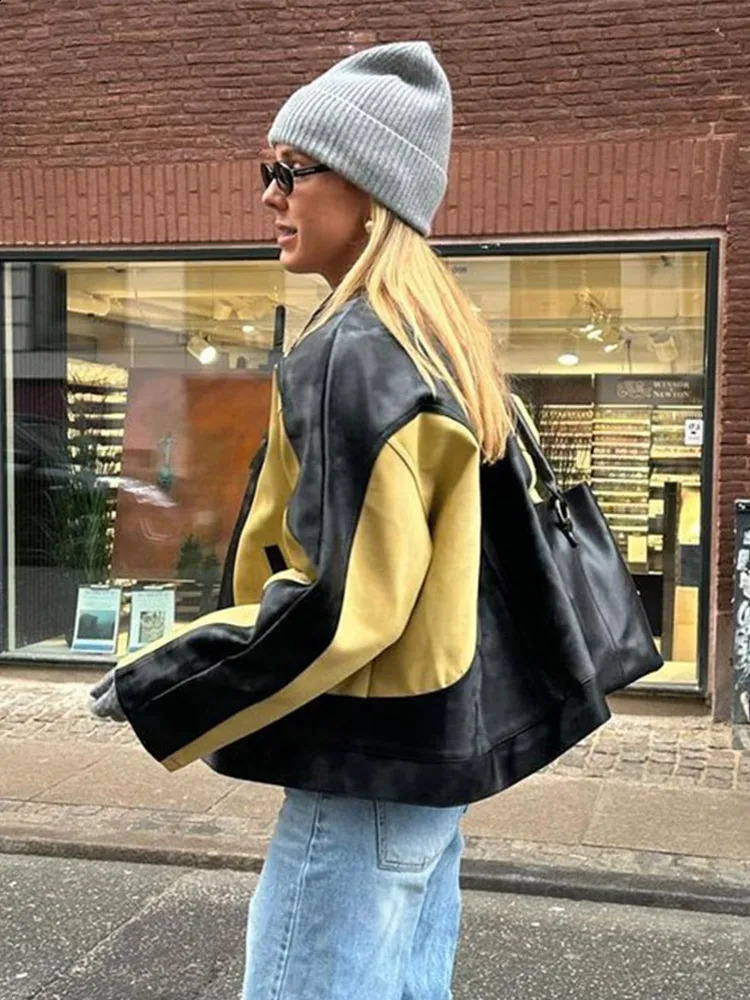 Motorcycle Leather Bomber Jackets Coats Women Bicolour Zipper Button Contrast Street Stand Collar Jacket Autumn Outwear Tops 240904