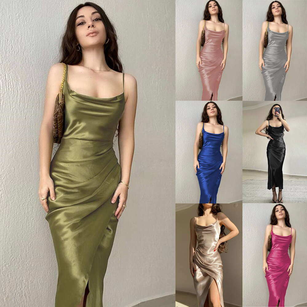 2023 Spicy Girl Style Sexy Low cut Satin Split Strap New Slimming Open Back Long Dress