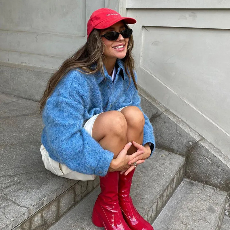 Womens Winter Klein Blue Collar Long Sleeve Wool Jacket Fashion and Universal Small Jacket 240906