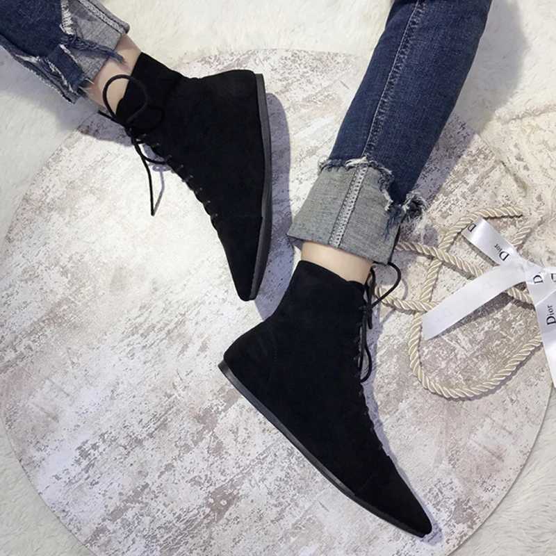 2022 Pointed Toe lace upper womens flat shoes short Chelsea Botas Feminina warm winter snow Bottes Mujer Traf fur leather shoes CL240906
