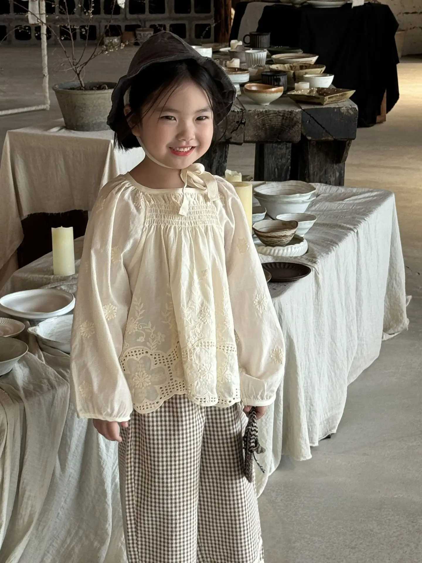 Autumn Girls Clothes Doll Shirt 2024 Korean Cute Sweet Cotton Embroidery Hollow-out Lace Girls Blouse Or Plaid Wide Leg Pants Y240906