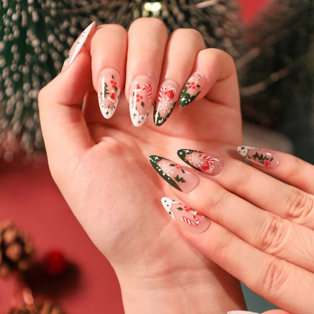 24 Christmas Elk White Snowflake Red Detachable Wearable Fake Nails Pressing Nail Art Flash Reusable Fake Nails W240905