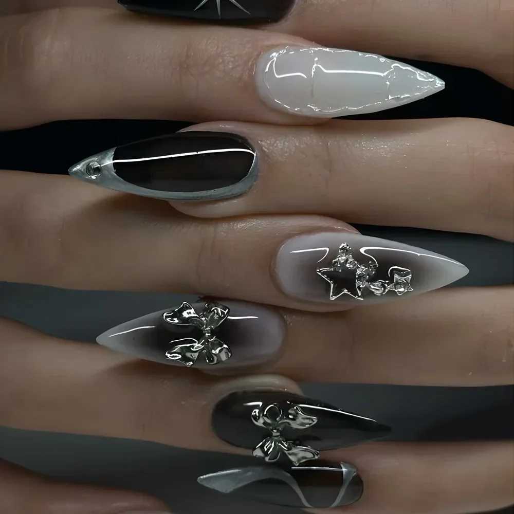 24pcs Almond Imprinted Nail Y2K Star Diamond Design Cool Girl Nude Color Fake Nail Female Fukk Cover Fake Nail Tip W240905