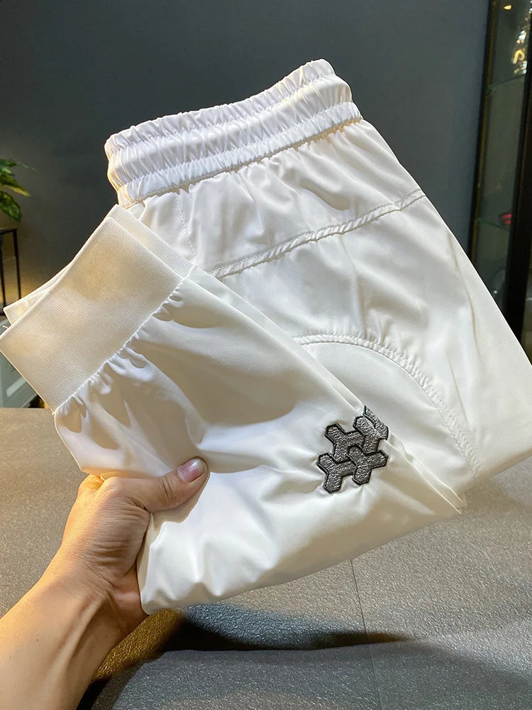 Summer thin soft breathable casual pants mens white ankle strap fashion slim fit sports cut quick drying 240905