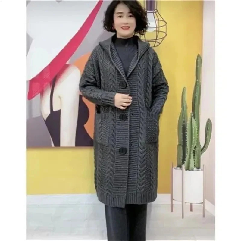 Autumn jacquard twisted hooded cardigan womens long single chest knitted M5XL 240905