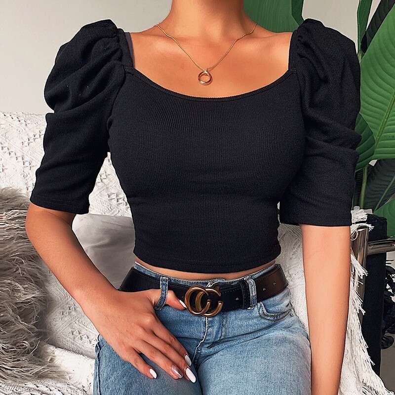 2024 Spring New Collection Simple Square Neck Bubble Top Women's Short Sleeve