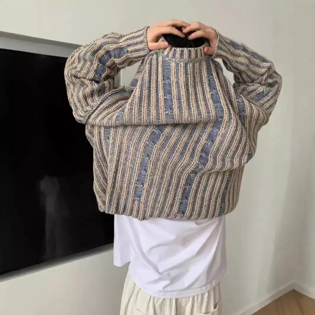 Vintage Striped Color Blocking Sweater For Men Women Autumn Winter High Street Trendy Knitted Top Crew Neck 240906