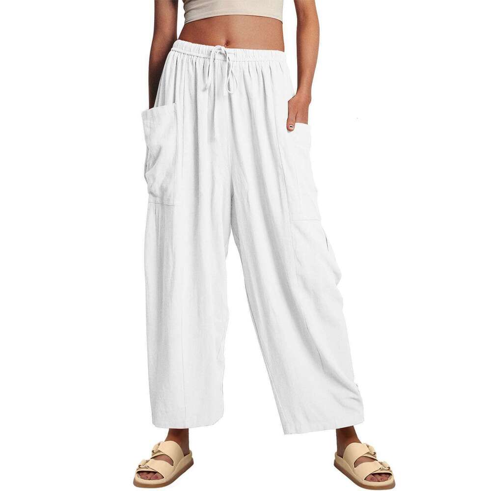 2024 TEMU Women's Elastic Pleated High Waist Wide Leg Loose Casual Cotton Hemp Pants