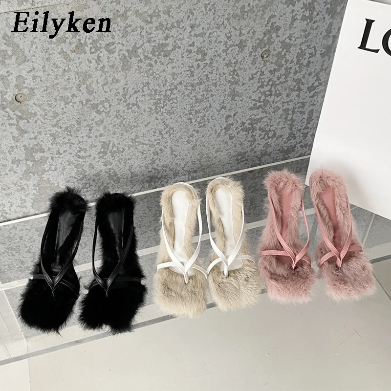 Eilyken Faux Fur Slipper High Heels Shoes Fall Street Females Square Head Toe Clip-On Sandals Women 240904